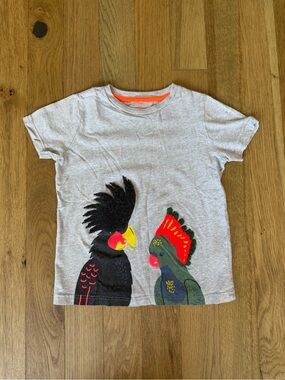Mini Boden Boys 6-7Y Gray Parrot Cockatoo Appliqué Short Sleeve T-Shirt